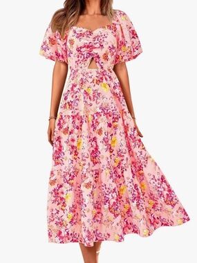 BTFBM Floral Cutout Puff Sleeve Maxi Sundress floral boho Size M